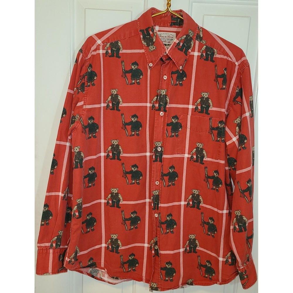 Men's Fishing Skiing Teddy Bears Button Shirt Sz (14 x 16 1/2 ") Italy Cotton